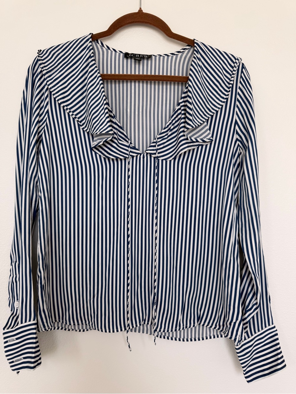 J. Crew Blue and White Vertical Stripe Ruffle-Collar Blouse